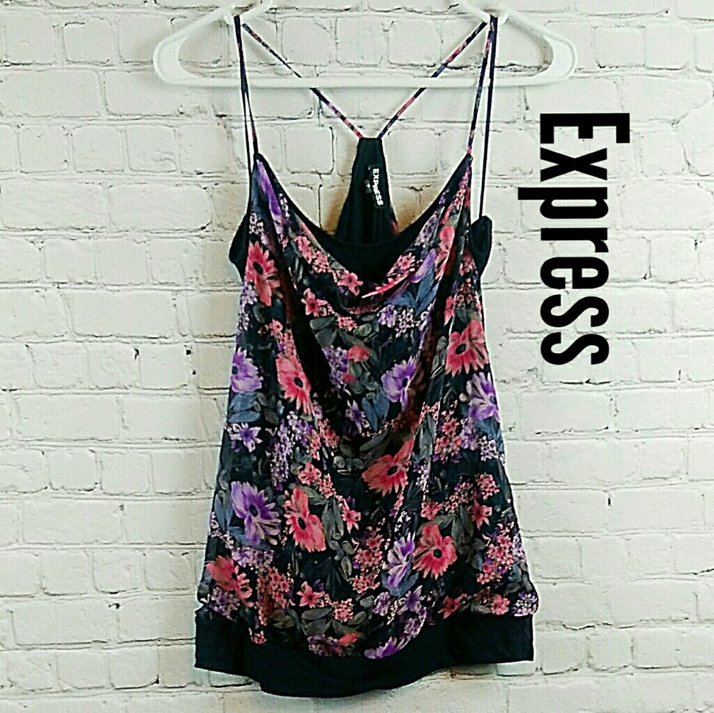 Express Black Tank with Sheer Floral Overlay Small